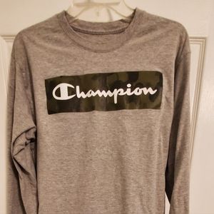 Champion Men's M Long Sleeve Gray & Camo logo Tee